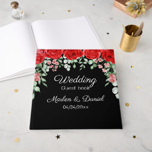 Elegant Black And Red Floral Wedding guest book