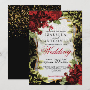 Elegant Black and Red Floral Wedding Invitation