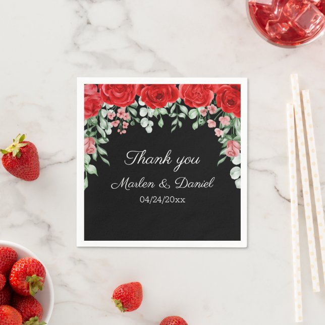 Elegant Black And Red Floral Wedding  Napkin (Insitu)