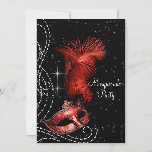 Elegant Black and Red Masquerade Party Invitation (Front)