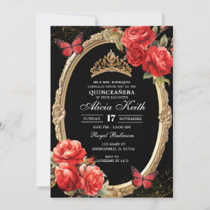 Elegant Black and Red Roses Gold Quinceanera Invitation