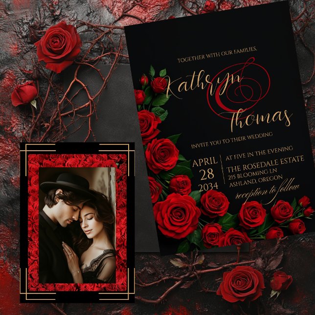 Elegant Black and Red Roses Wedding Invitation (Creator Uploaded)