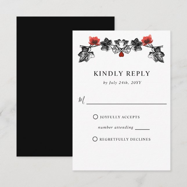 Elegant Black and Red Victorian Gothic Wedding RSVP Card (Front/Back)