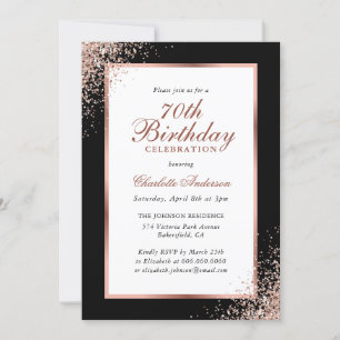 Elegant Black and Rose Gold Confetti 70th Birthday Invitation