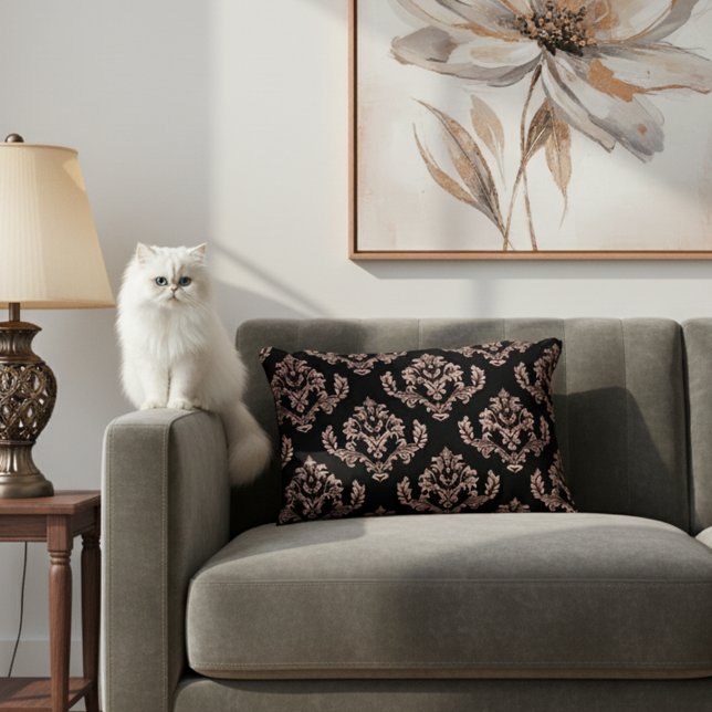 Elegant Black and Rose Gold Damask Accent Pillow (Black and rose gold damask accent pillow.)