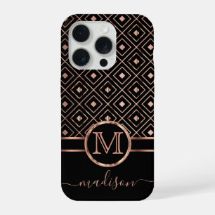 Elegant Black and Rose Gold Diamond Pattern iPhone 15 Pro Case
