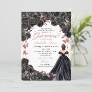 Elegant Black and Rose Gold Floral Quinceanera Inv Invitation