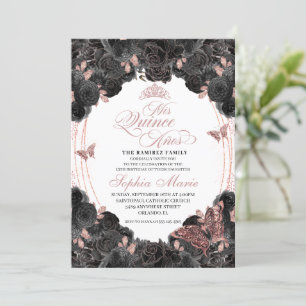 Elegant Black and Rose Gold Floral Quinceanera Invitation