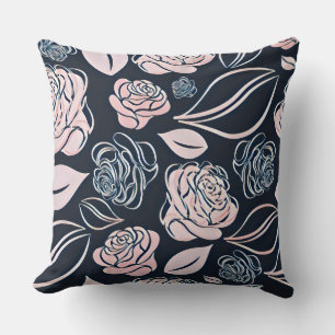 Elegant Black and Rose Gold Roses and Leaves Throw Pillow