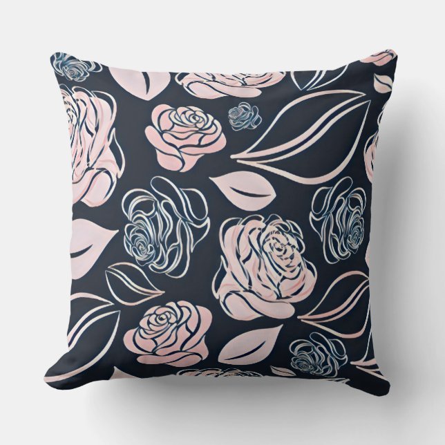 Elegant Black and Rose Gold Roses and Leaves Throw Pillow (Front)