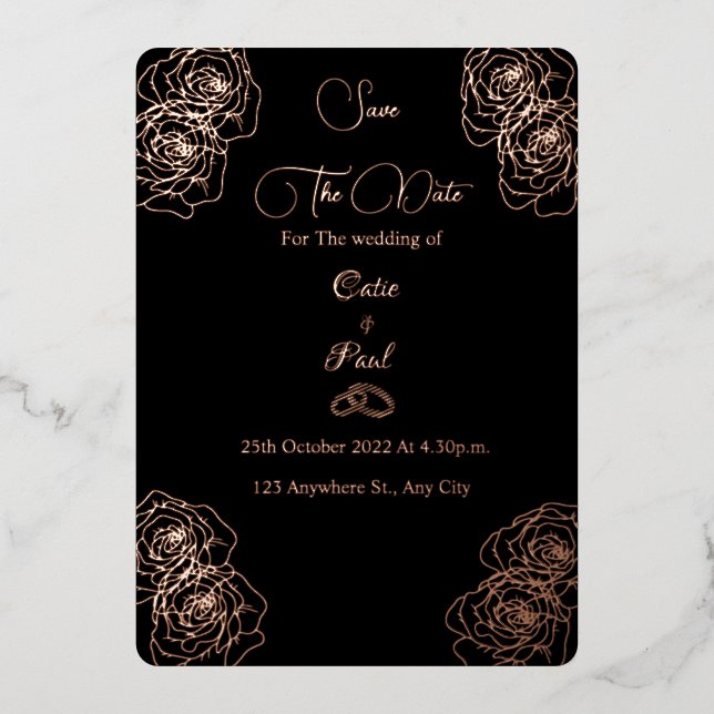 Elegant black and rose gold Save the date (Front)