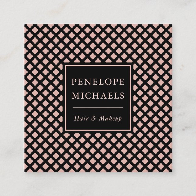 Elegant Black and Rose Trellis Pattern Square Business Card (Front)