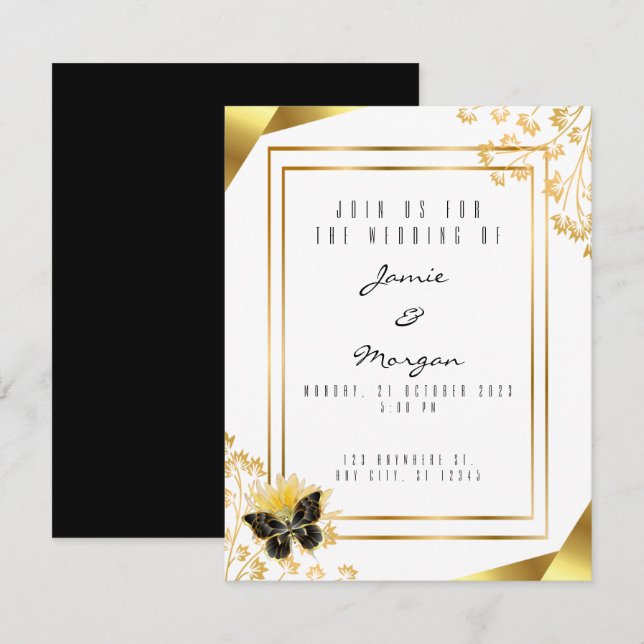Elegant Black and Shiny Butterfly White Wedding  Card (Front/Back)