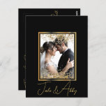 Elegant Black and Shiny Personalized Wedding Photo Postcard<br><div class="desc">Immerse your loved one in the world of elegance with our Elegant Black and Shiny Personalized Wedding Photo Postcard. This beautiful keepsake is a stunning blend of a black and shiny gold motif, endowed with subtle touches of copper glitter. The dark wedding aesthetic will intrigue your family and friends, adding...</div>