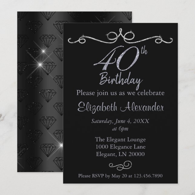 Elegant Black and Silver 40th Birthday  Invitation (Front/Back)