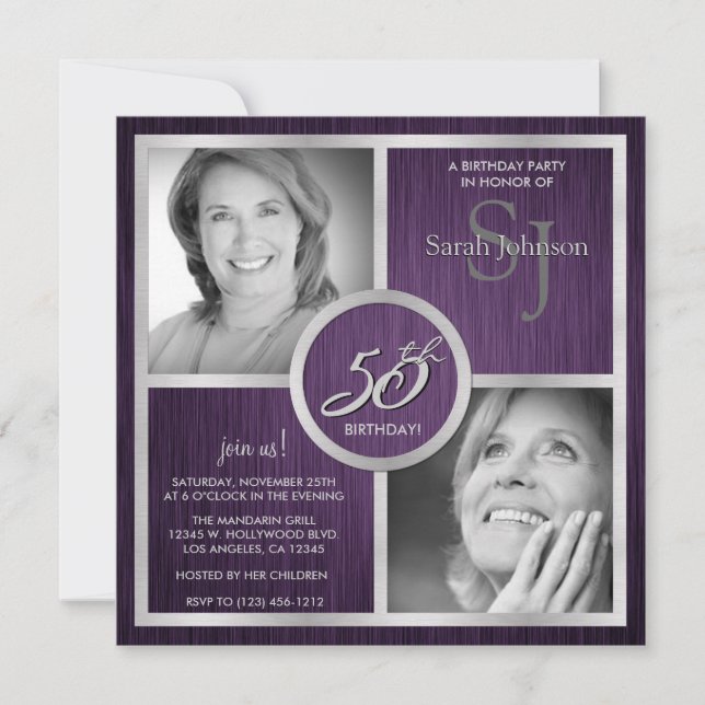 Elegant Black and Silver 50th Birthday Photo Invitation (Front)