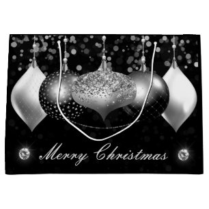 Elegant Black and Silver Baubles Merry Christmas Large Gift Bag