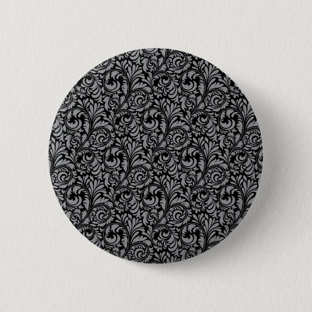 Elegant Black and Silver Damask Floral Pattern 2 Inch Round Button (Front)