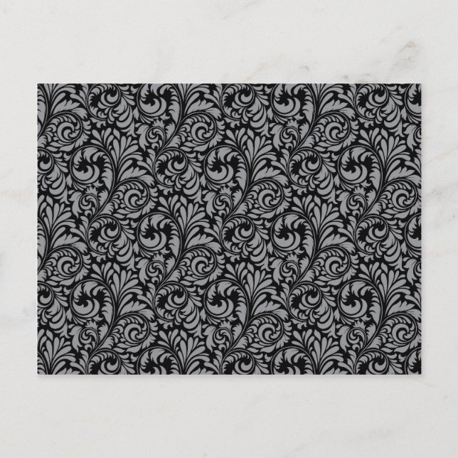 Elegant Black and Silver Damask Floral Pattern Postcard (Front)