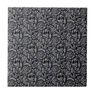 Elegant Black and Silver Damask Floral Pattern Tile
