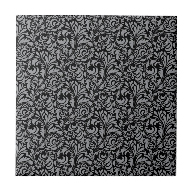 Elegant Black and Silver Damask Floral Pattern Tile (Front)