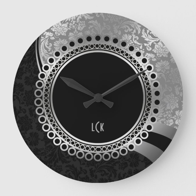 Elegant Black And Silver Damasks Ornate Frame Large Clock (Front)