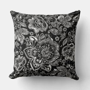 Elegant Black And Silver Floral Baroque Damask Throw Pillow