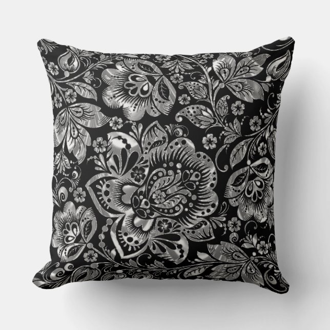 Elegant Black And Silver Floral Baroque Damask Throw Pillow (Front)