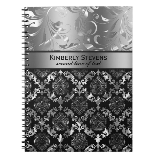 Elegant Black And Silver Floral Damasks Lace Notebook (Front)