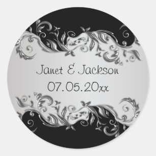 Elegant Black and Silver Floral Wedding Classic Round Sticker