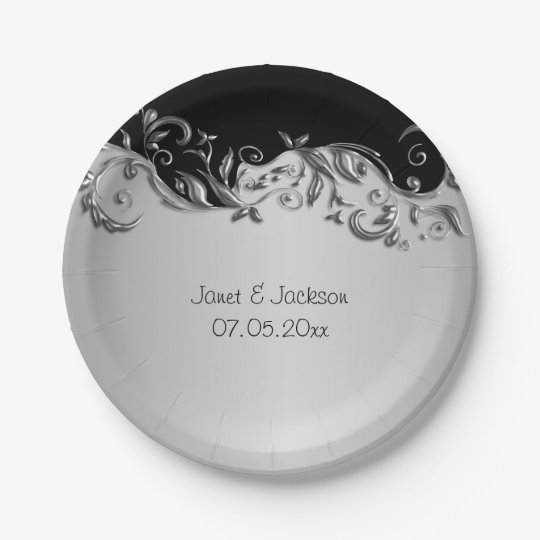Elegant Black and Silver Floral Wedding Design Paper Plate