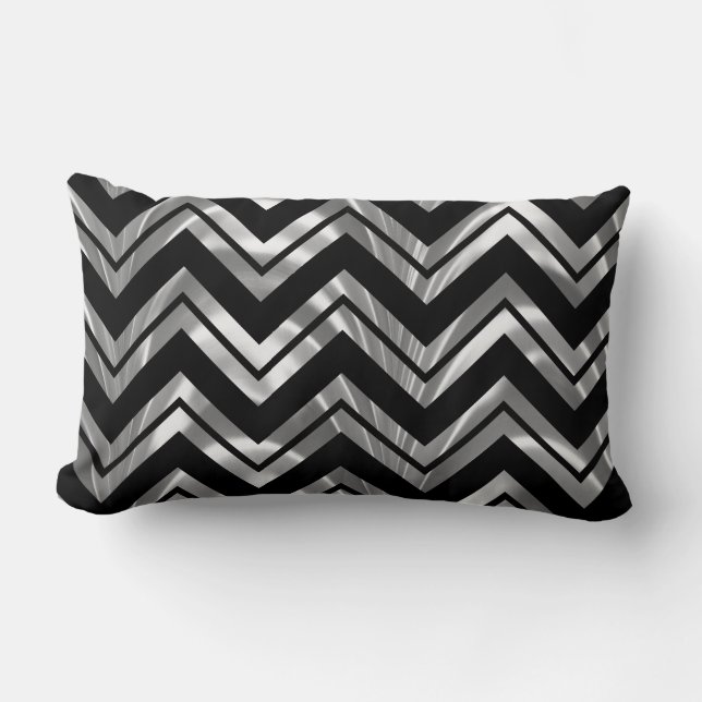 Elegant Black And Silver Geometric Chevron Pattern Lumbar Pillow (Front)
