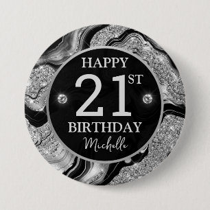 Elegant Black and Silver Glitter Agate Birthday 3 Inch Round Button