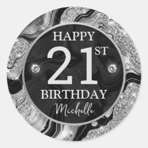 Elegant Black and Silver Glitter Agate Birthday Classic Round Sticker