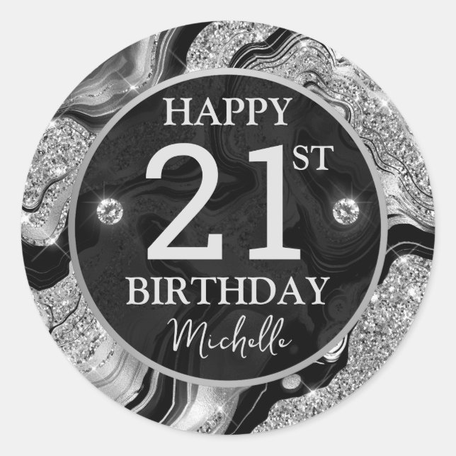 Elegant Black and Silver Glitter Agate Birthday Classic Round Sticker (Front)