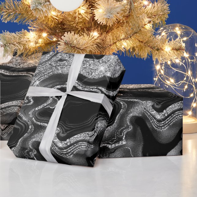 Elegant Black and Silver Glitter Agate Birthday Wrapping Paper (Holidays)