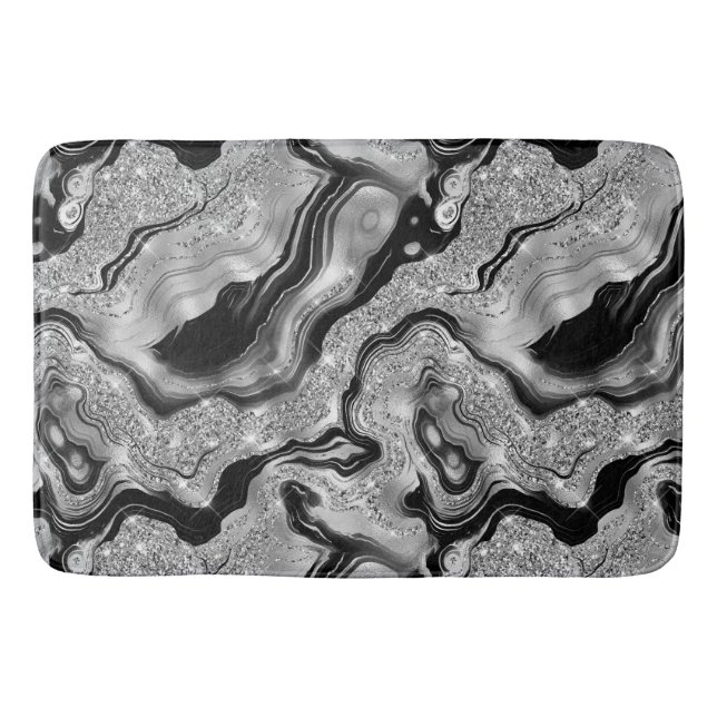Elegant Black and Silver Glitter Agate Pattern Bath Mat (Front)
