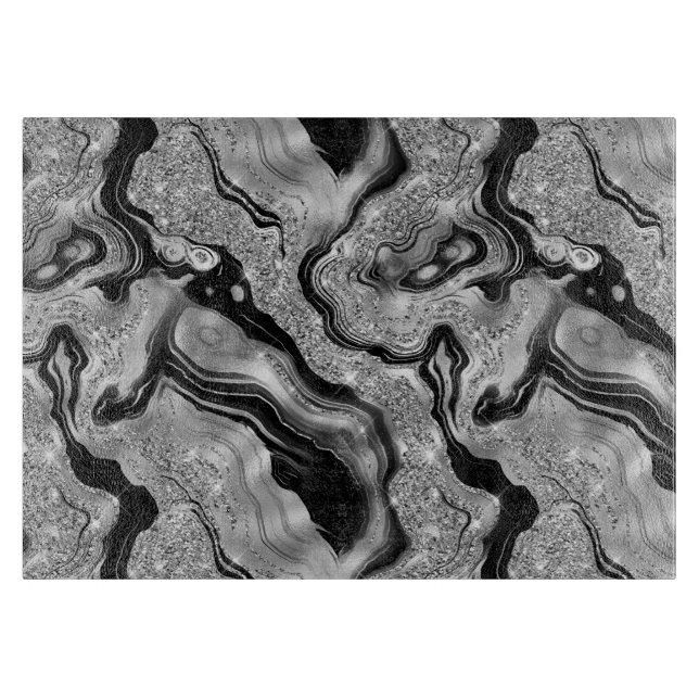 Elegant Black and Silver Glitter Agate Pattern Cutting Board (Front)