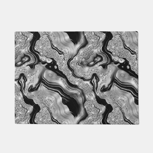 Elegant Black and Silver Glitter Agate Pattern Doormat (Front)