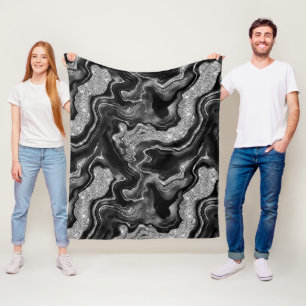Elegant Black and Silver Glitter Agate Pattern Fleece Blanket