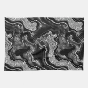 Elegant Black and Silver Glitter Agate Pattern Kitchen Towel