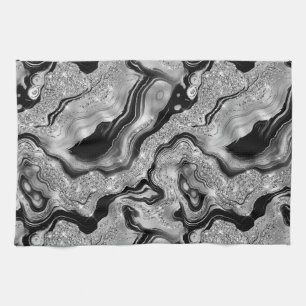 Elegant Black and Silver Glitter Agate Pattern Kitchen Towel