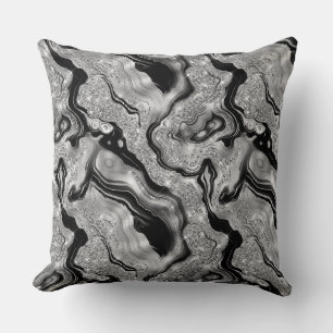 Elegant Black and Silver Glitter Agate Pattern Throw Pillow