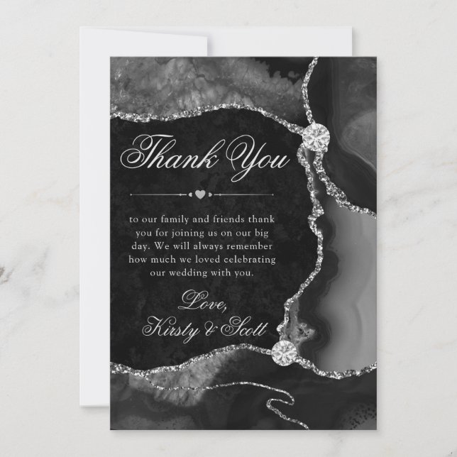 Elegant Black and Silver Glitter Agate Wedding Thank You Card (Front)
