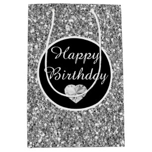 Elegant Black and Silver Glitter Birthday Medium Gift Bag