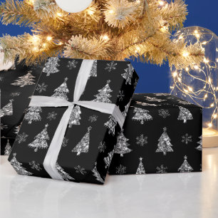 Elegant Black and Silver Glitter Christmas Trees Wrapping Paper