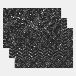 Elegant Black and Silver Glitter Patterns Wrapping Paper Sheet
