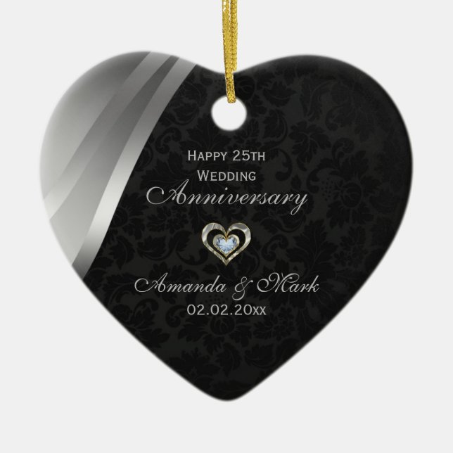 Elegant Black And Silver Grey 25th Anniversary Ceramic Ornament (Front)