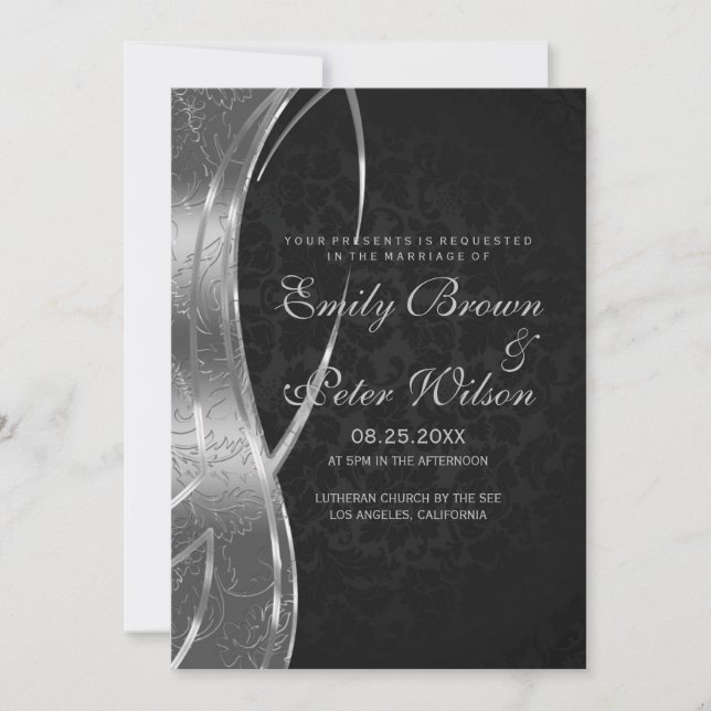 Elegant Black And Silver Grey Damask Wedding Invitation (Front)