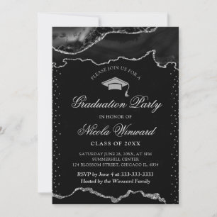 Elegant Black and Silver Marble Agate Graduation Invitation